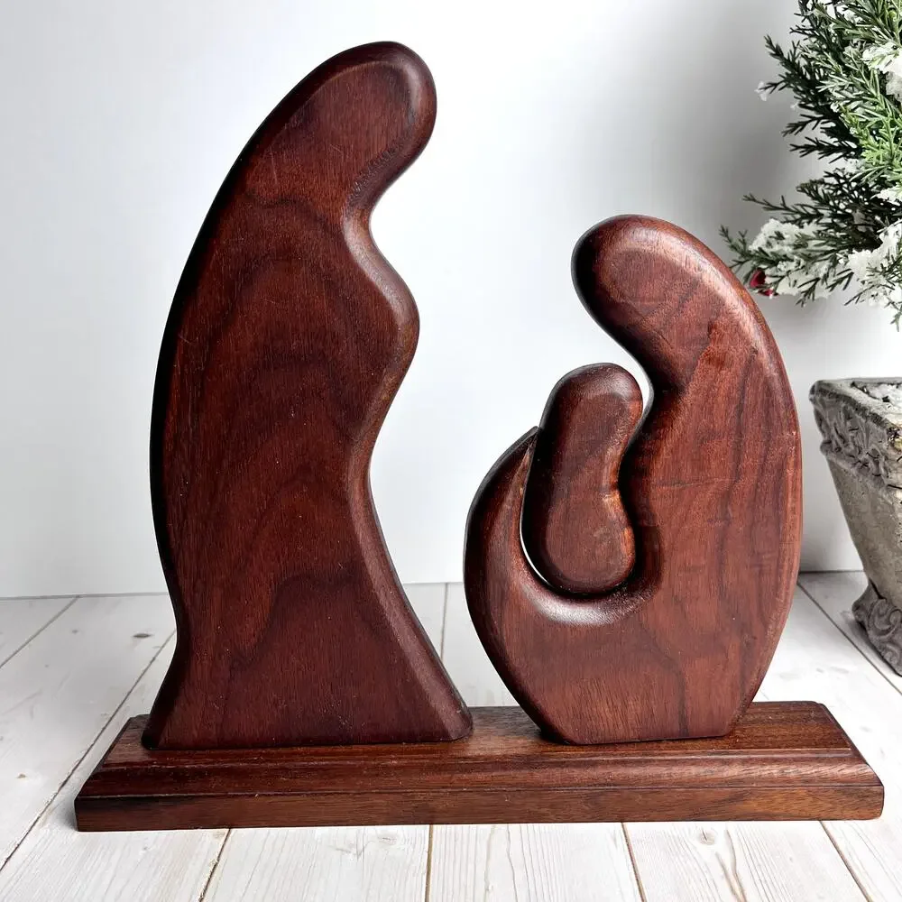 VTG Holy Family Abstract Hand Carved Solid Wood Statue Sculpture Mary Jesus MCM